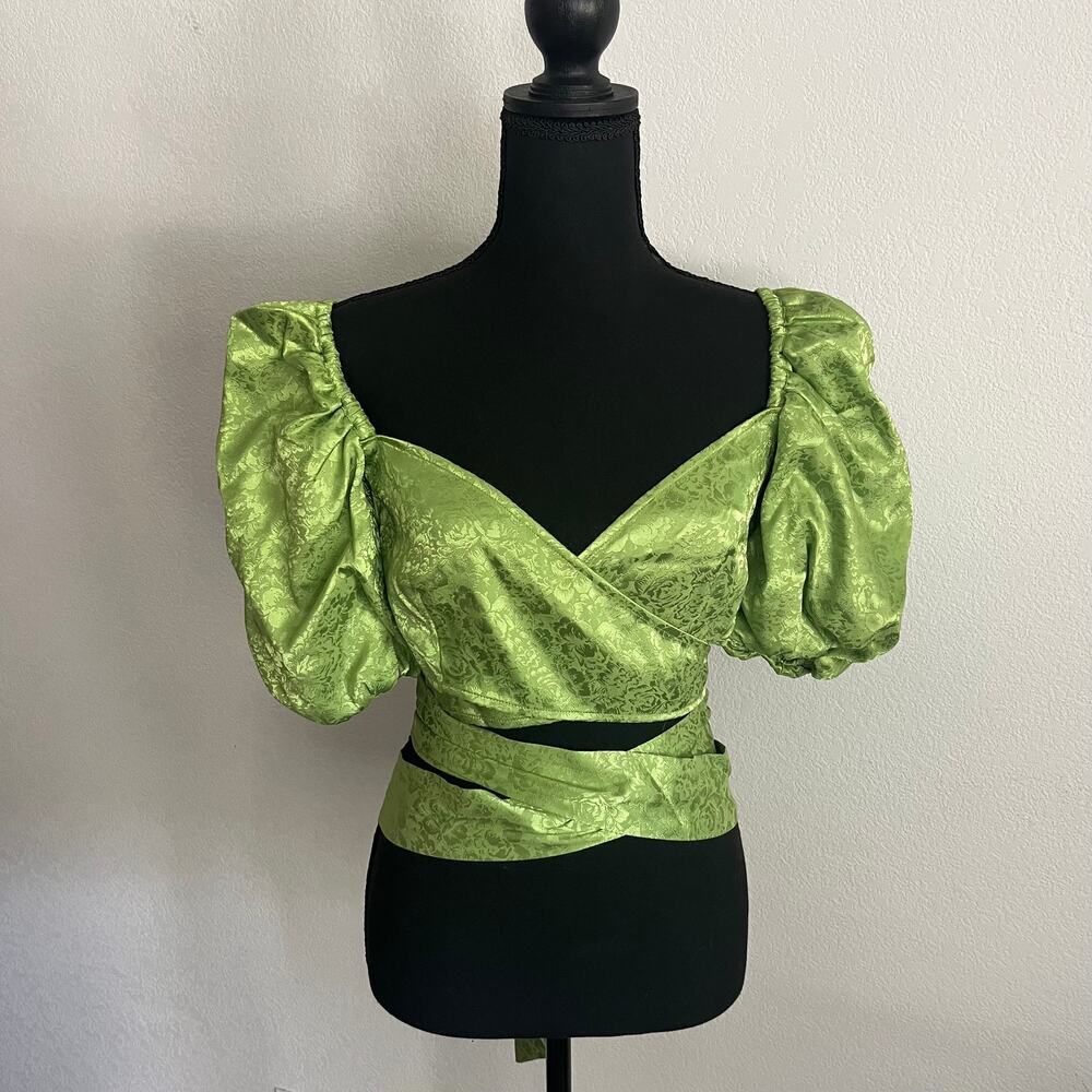 Ronny Kobo Satin Wrap Puff Sleeve Crop Top